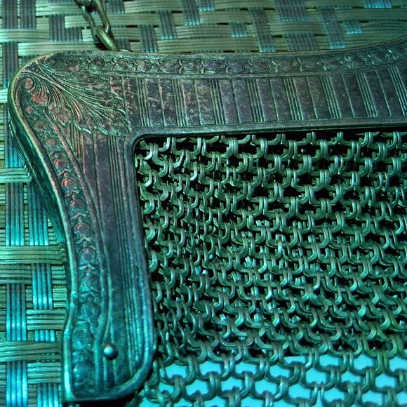 Shimmering Green‑Gold Metal Mesh Coin Pouch with Crest Plate & Talon Zipper - Picture 11 of 16